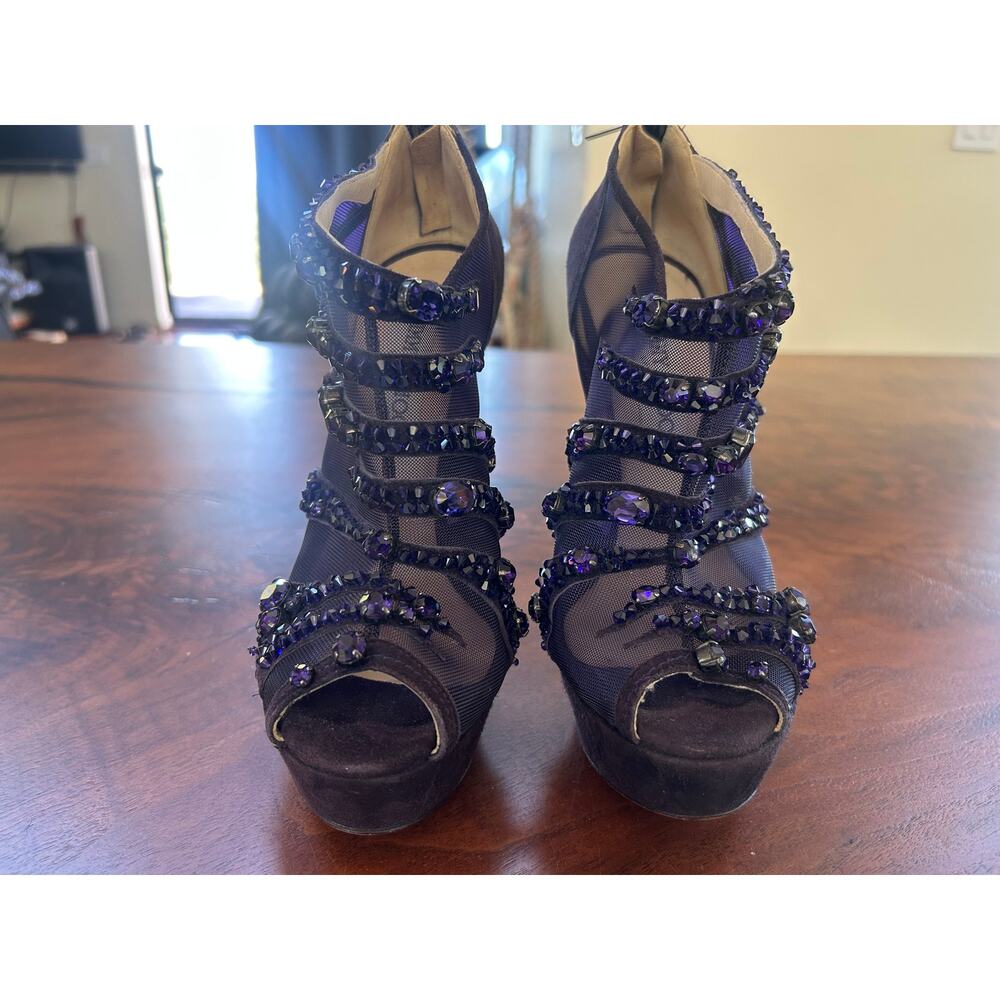 Jimmy Choo Purple Animal Print Suede Crystal Mesh Platform Booties 36.5 6 - Picture 4 of 7